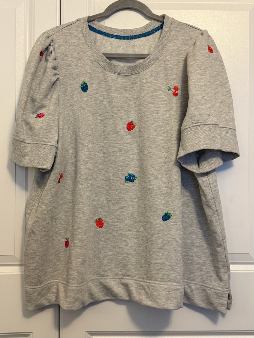 Jane & Delancey Gray Fruit Embroidered Short Sleeve Sweatshirt
